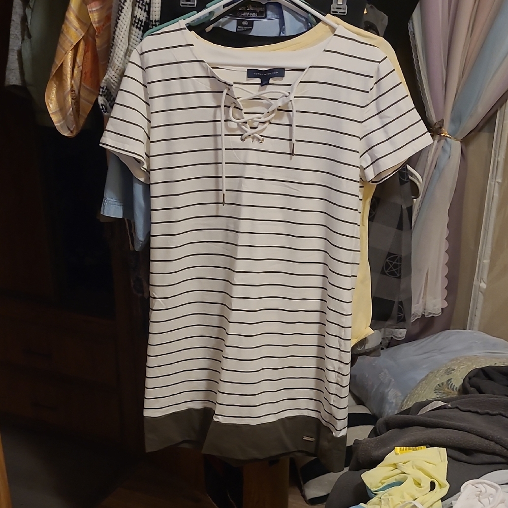 Tommy Hilfiger Navy and White Striped Lace-Up Tee